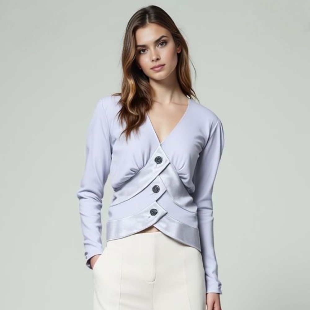 Della Roufogali Blue Gray Blazer with Satin Accents Decorative Buttons Size 8